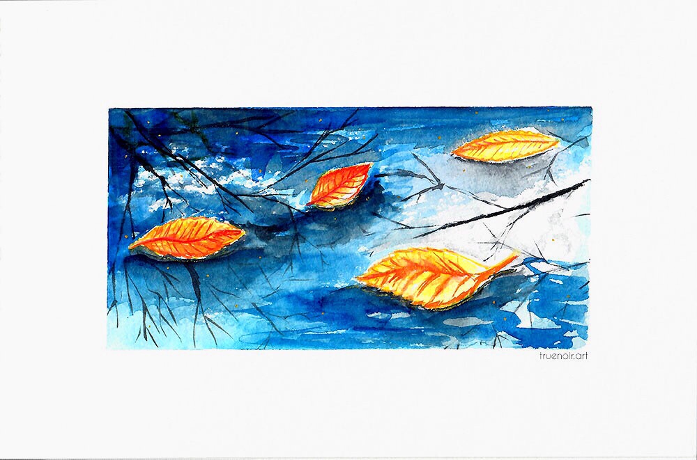 Autumn leaves in the pond, watercolor painting 