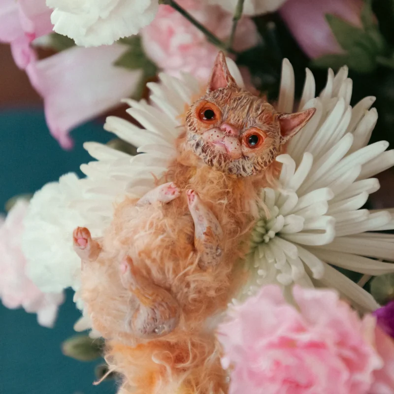 Игрушечный рыжий кот лежит в букете белых хризантем. Кот довольно крошечный, около 10 сантиметров в длину.